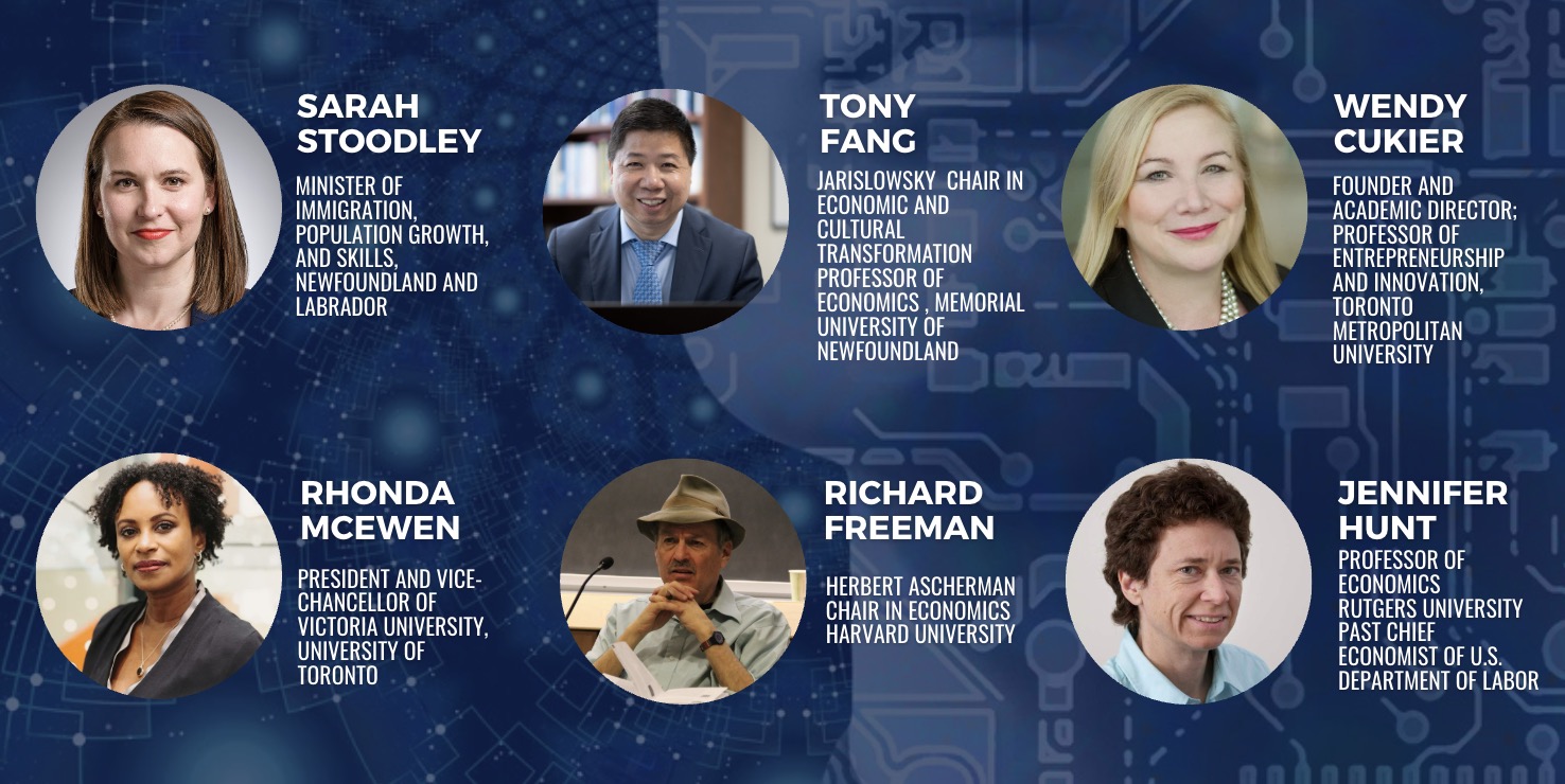 Photos of conference speakers: Sarah Stoodley, Tony Fang, Wendy Cukier, Rhona McEwen, Richard Freeman and Jennifer Hunt